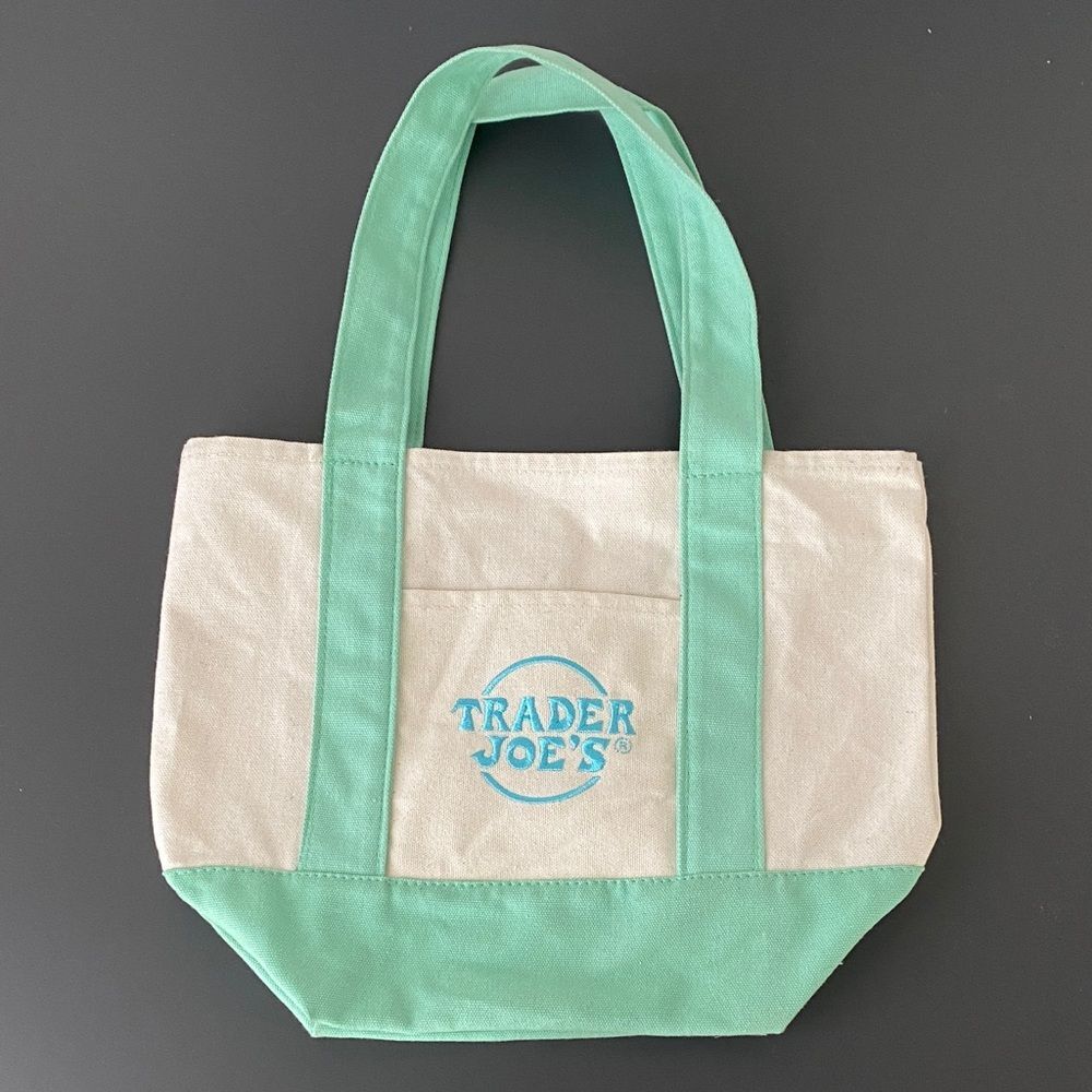 Trader Joe's Mint and Cream Embroidery Logo Small Tote Bag Lunch Granola Girl